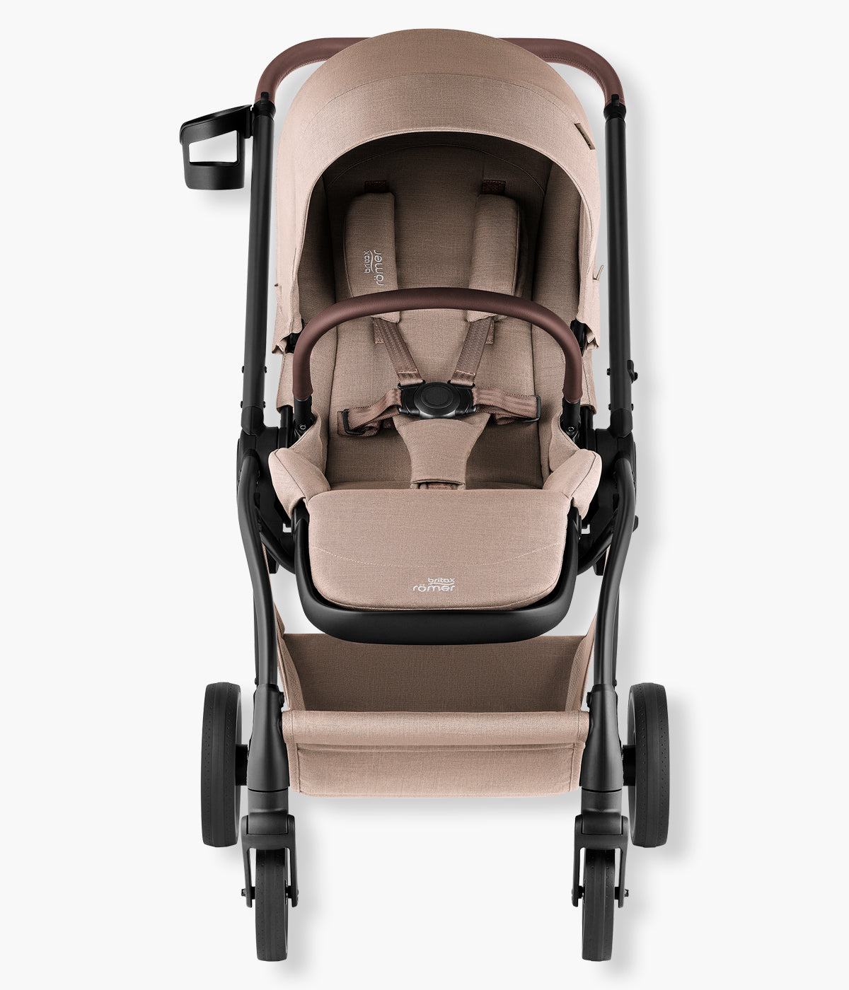 Vista frontal do carrinho de passeio Rio Style da marca Britax Römer na cor Teak. Prático carrinho de passeio concebido para acompanhar a criança desde o nascimento até aproximadamente aos 4 anos ou 22 kg.