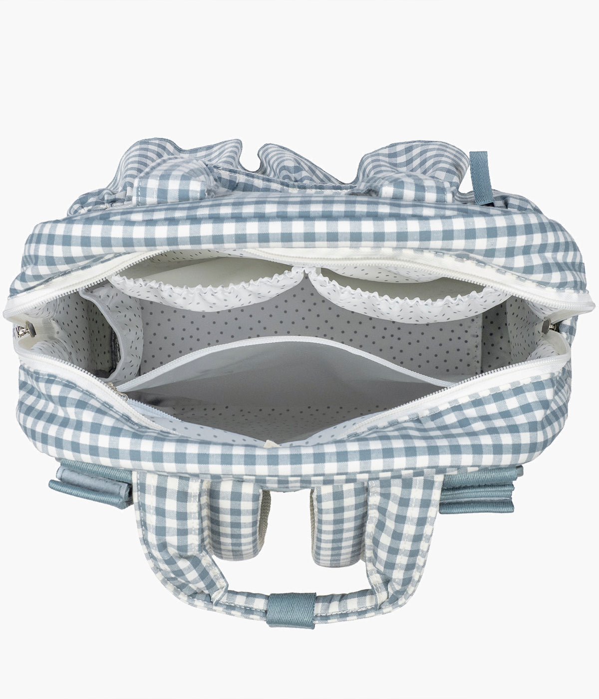 Vista do interior vazio da Mochila de Maternidade Walking Mum Praliné Vichy Matcha.