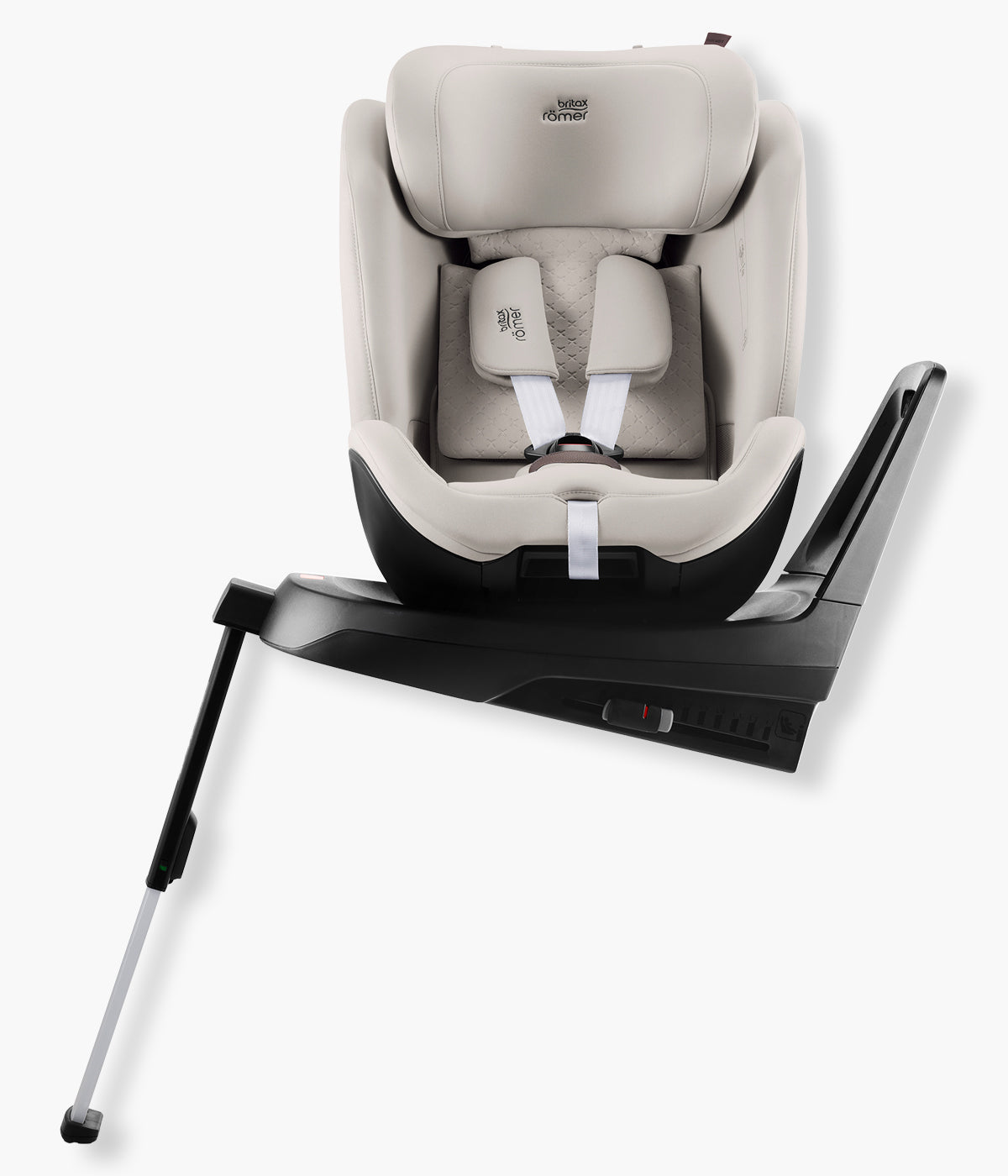 Vista lateral da cadeira auto evolutiva Swivel-Grow Max Air Lux da Britax Römer na cor Soft Taupe colocada na base rotativa.