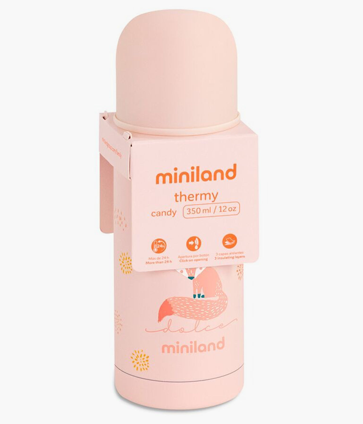 Termo para líquidos Miniland Dolce Candy rosa, com capacidade para 350ml, perfeita para manter a temperatura de líquidos quentes ou frios por mais de 24 horas. Este termo é indispensável para ter sempre as refeições do bebé prontas, seja em passeios ou refeições fora de casa.