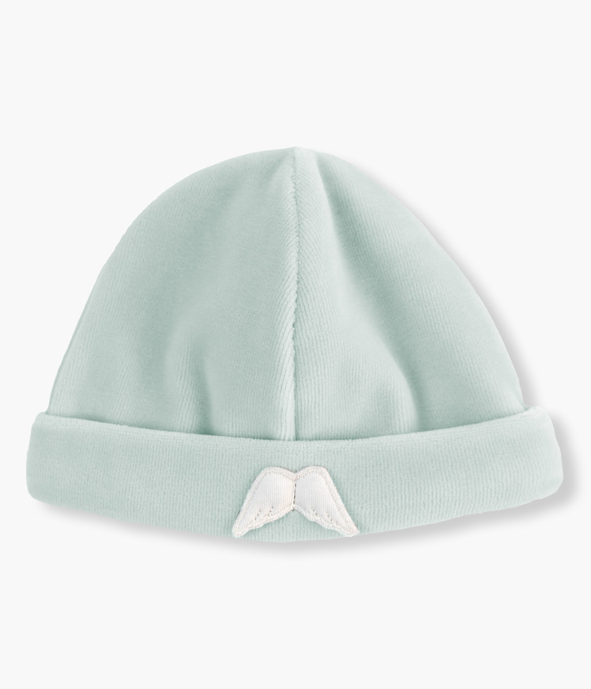 Gorro duplo em veludo verde-menta sem costuras no interior com asas de anjo na frente da Baby Gi para bebé e recém-nascido(a).