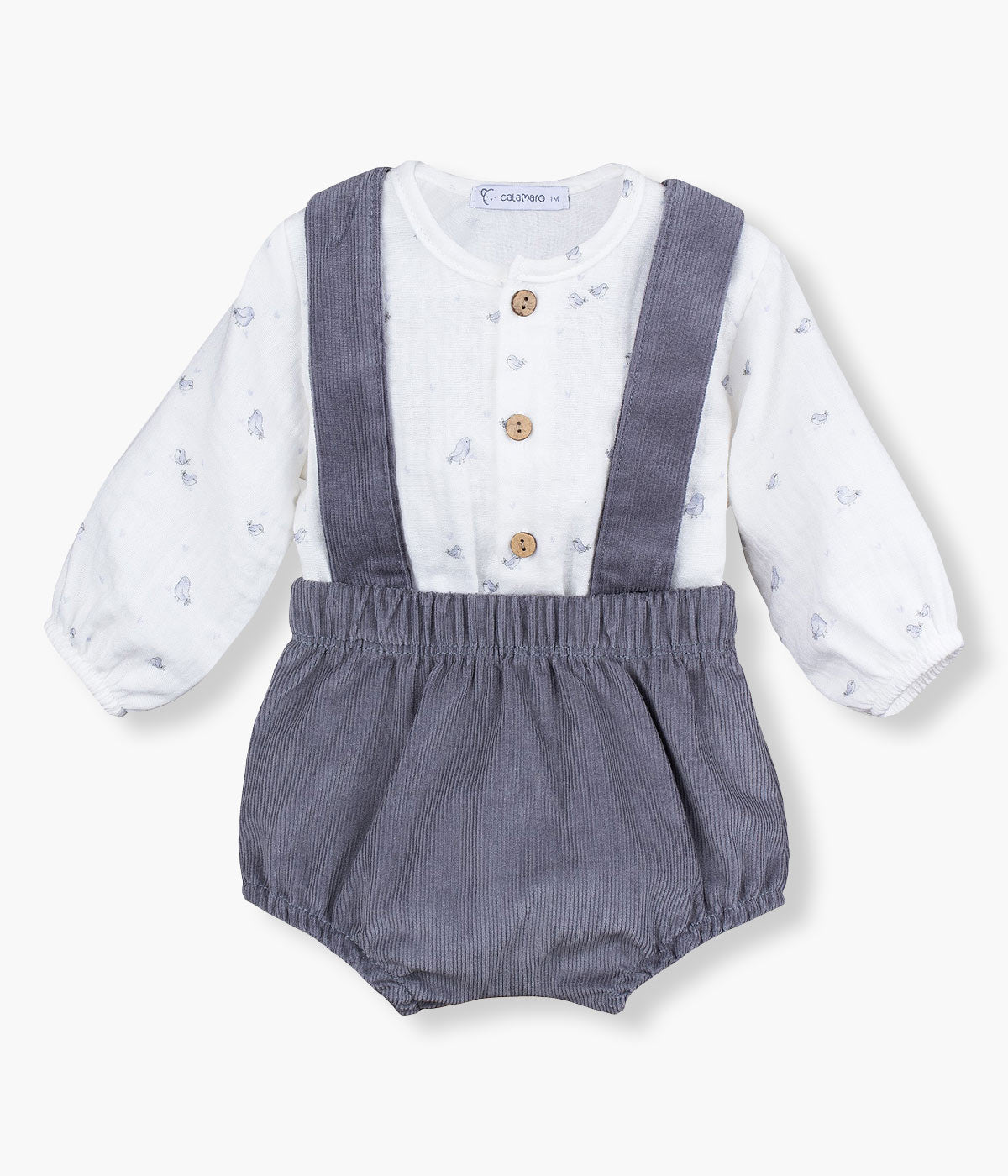 Conjunto em Algodão para Bebé Pássaros 2pc - Branco e Cinza