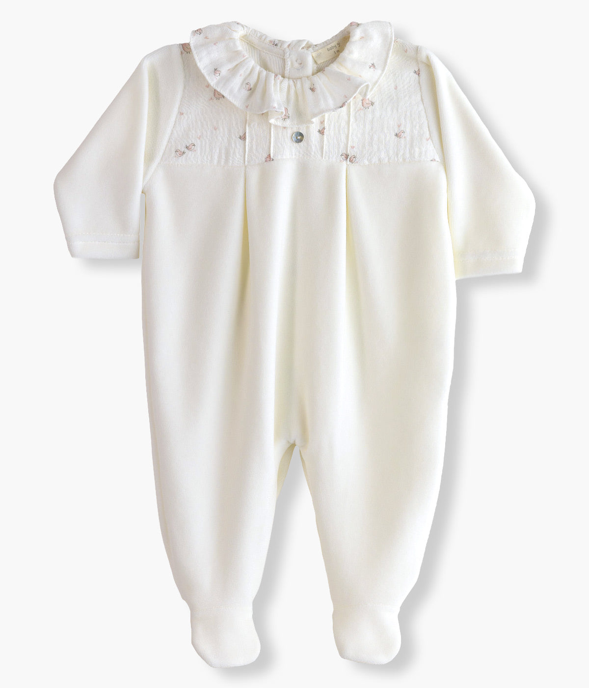 Babygrow em Veludo com Gola Bebé Menina Pássaros - Pérola