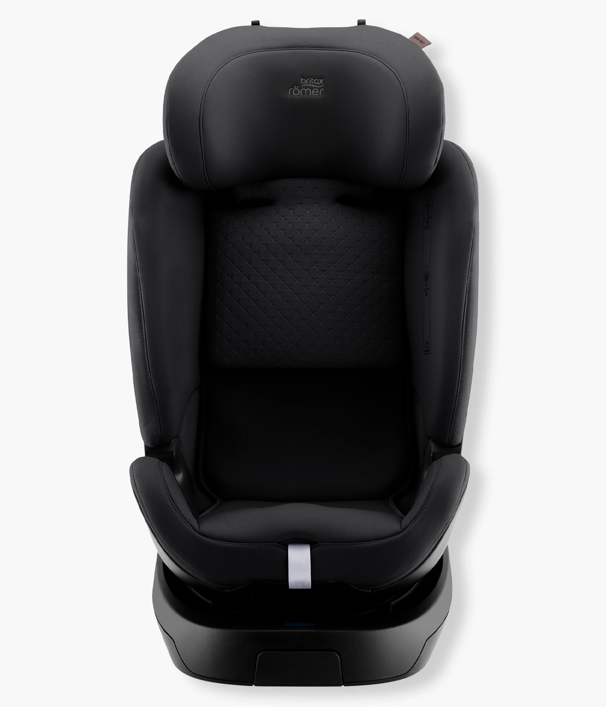 Vista frontal da cadeira auto evolutiva Swivel-Grow Max Air Lux da Britax Römer na cor Onyx Back. Premium cadeira auto desenvolvida para acompanhar a criança desde o nascimento até aproximadamente aos 7 anos, dos 40 aos 125 cm. 