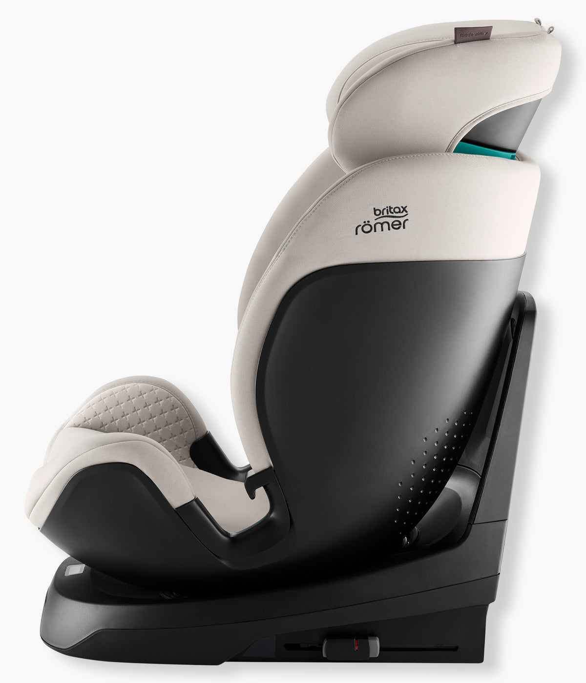 Vista lateral da cadeira auto evolutiva Swivel-Grow Max Air Lux da Britax Römer na cor Soft Taupe Elegante cadeira auto desenvolvida para acompanhar a criança desde o nascimento até aproximadamente aos 7 anos, dos 40 aos 125 cm.