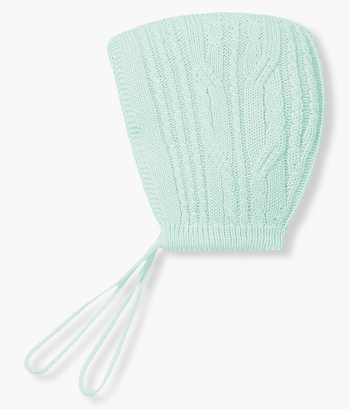 Touca em malha de algodão orgânico verde-água da Wedoble para bebé e recém-nascido(a). Delicada touca em malha suave com detalhes entrelaçados e tiras para atar no queixo.