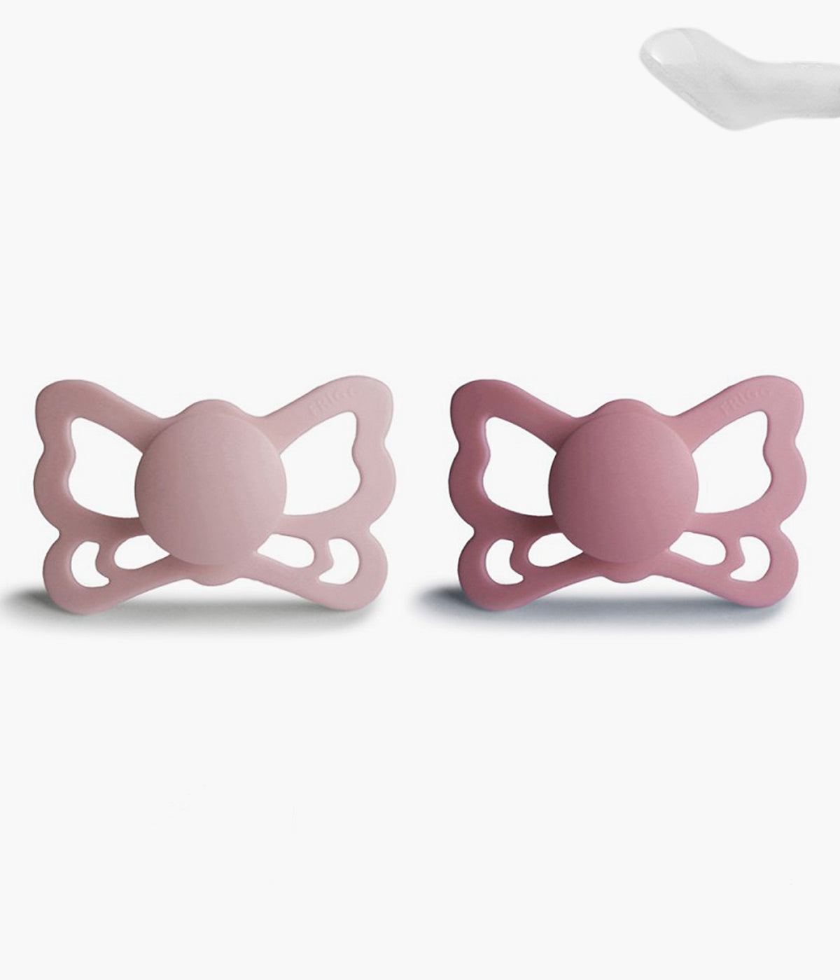 Pack de 2 chupetas Frigg Butterfly de design inspirado na elegância e transformação das borboletas. Conjunto composto por 1 chupeta rosa (blush) e 1 chupeta rosa-velho (cedar) com tetina anatómica em silicone SilkySoft.