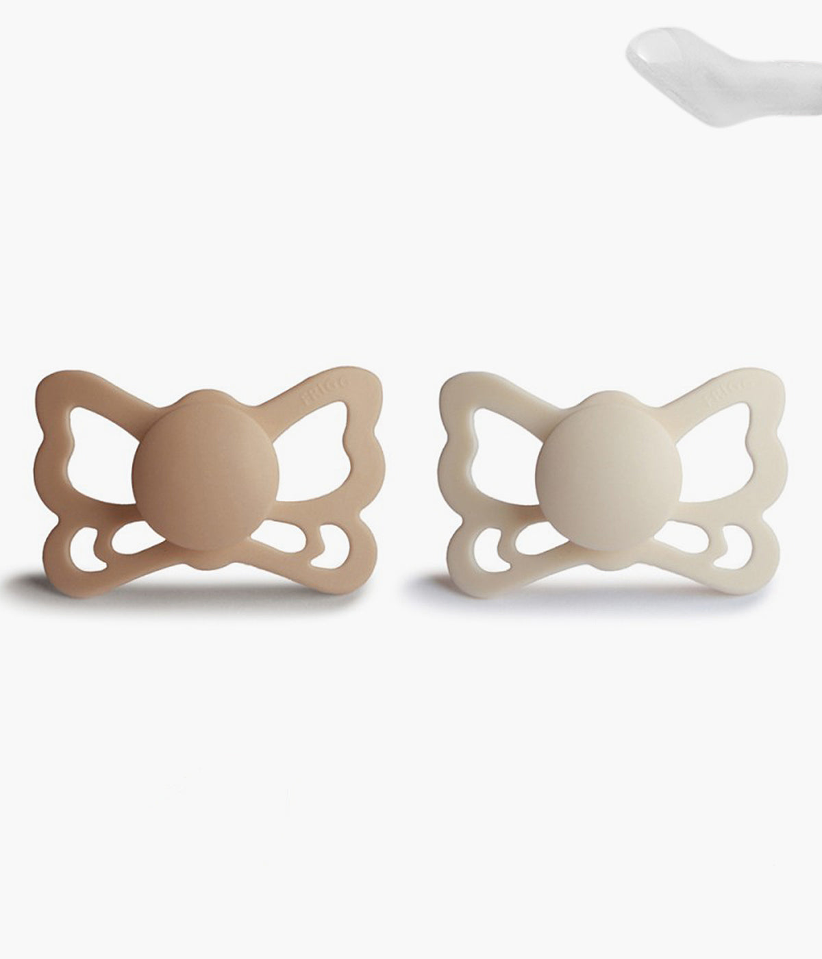 Pack de 2 chupetas Frigg Butterfly de design inspirado na elegância e transformação das borboletas. Conjunto composto por 1 chupeta bege (silky satin) e 1 chupeta pérola (cream) com tetina anatómica em silicone SilkySoft.