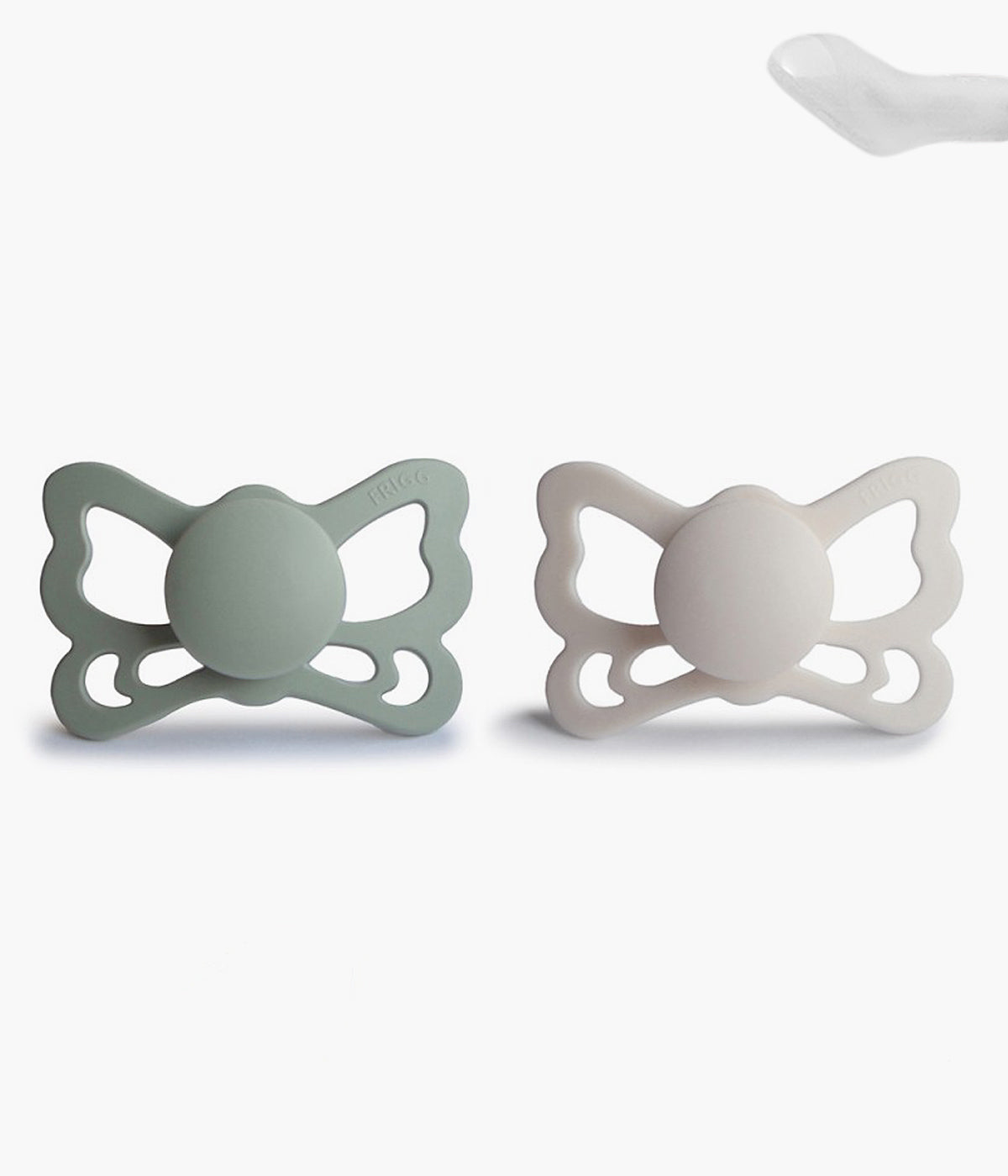 Pack de 2 chupetas Frigg Butterfly de design inspirado na elegância e transformação das borboletas. Conjunto composto por 1 chupeta verde (sage) e 1 chupeta cinzenta (silver gray) com tetina anatómica em silicone SilkySoft.