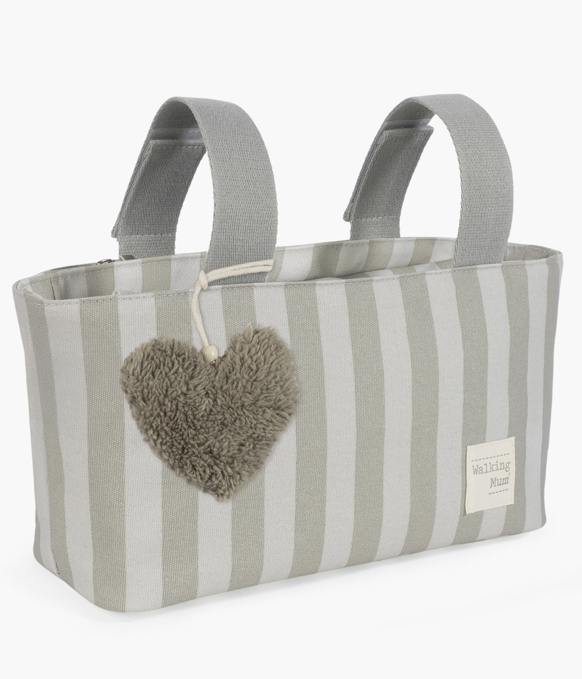 Bolsa organizadora Walking Mum Sintra com riscas verde e cinza. Desenhada para simplificar o dia a dia das famílias, esta bolsa impermeável mantém tudo o que é essencial bem organizado e acessível durante os passeios com o bebé.