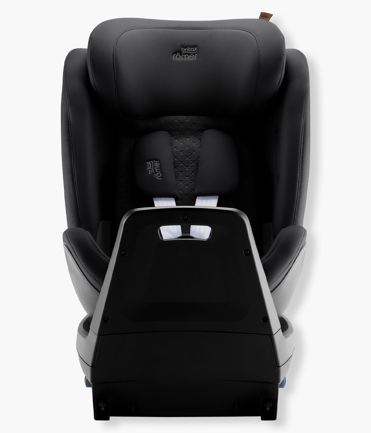 Vista frontal da cadeira auto evolutiva Swivel-Grow Max Air Lux da Britax Römer na cor Onyx Back. Premium cadeira auto desenvolvida para acompanhar a criança desde o nascimento até aproximadamente aos 7 anos, dos 40 aos 125 cm. 