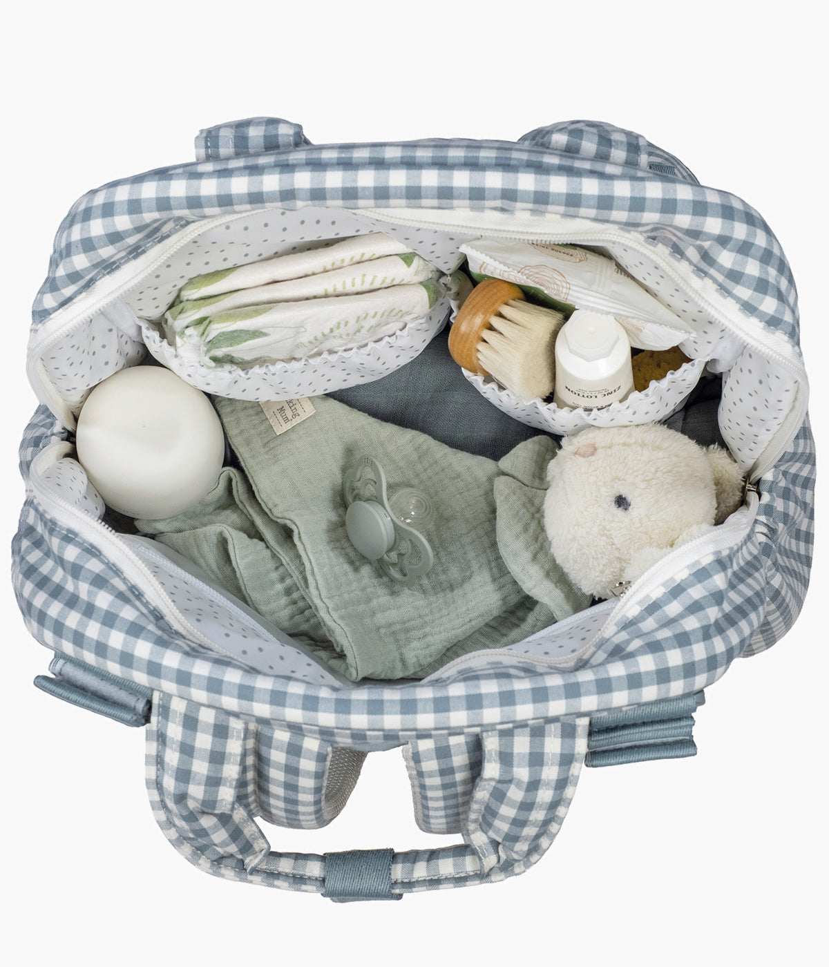 Mochila de Maternidade Walking Mum Praliné Vichy Matcha vista de cima com artigos de bebé no interior.