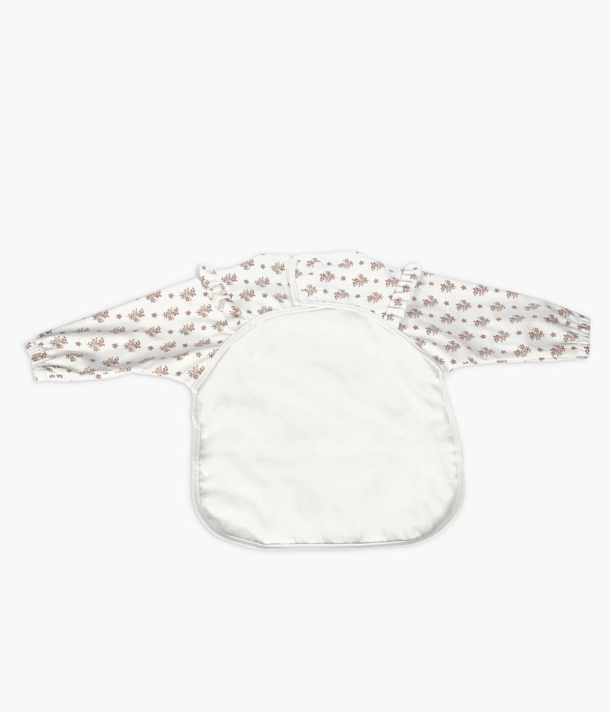 Parte traseira da babete com mangas Walking Mum Botton Flowers com elegante padrão floral em fundo branco.