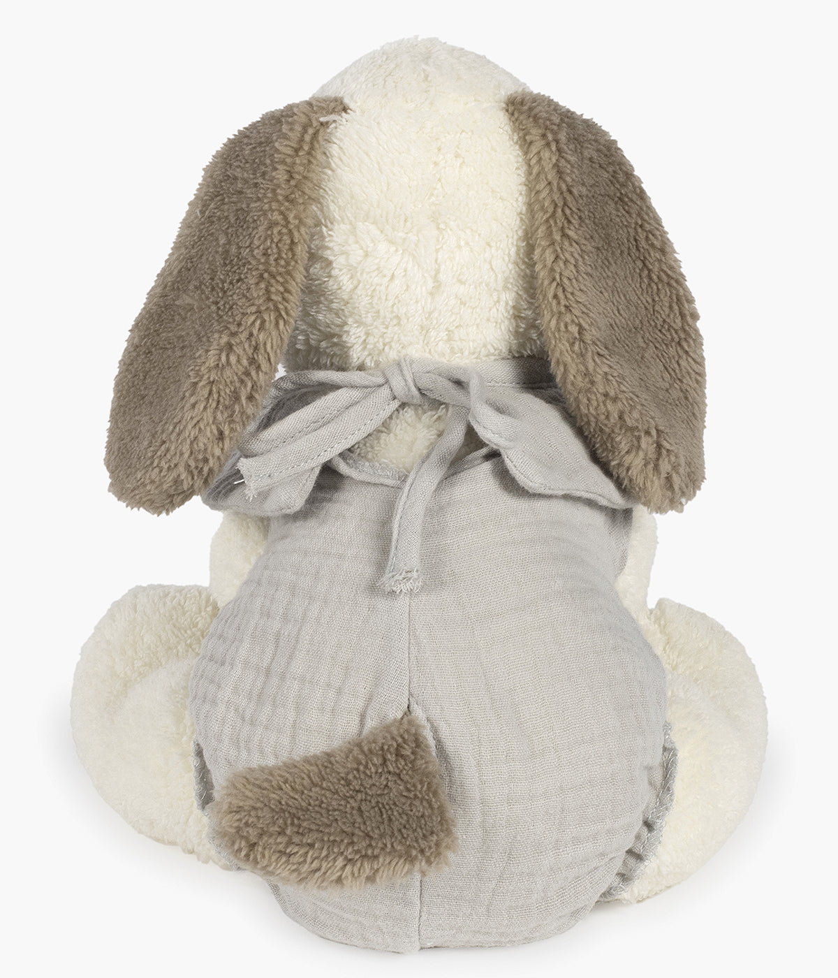 Peluche Walking Mum Sintra para bebé e recém-nascido em forma de cão com 27cm pérola com orelhas e patas castanhas e roupa em tons de verde.