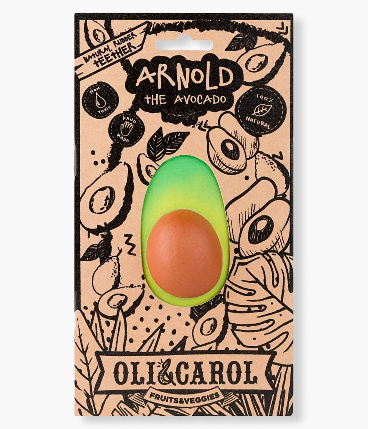 Embalagem em cartão do mordedor em borracha natural para bebé Arnold The Avocado da Oli&Carol.