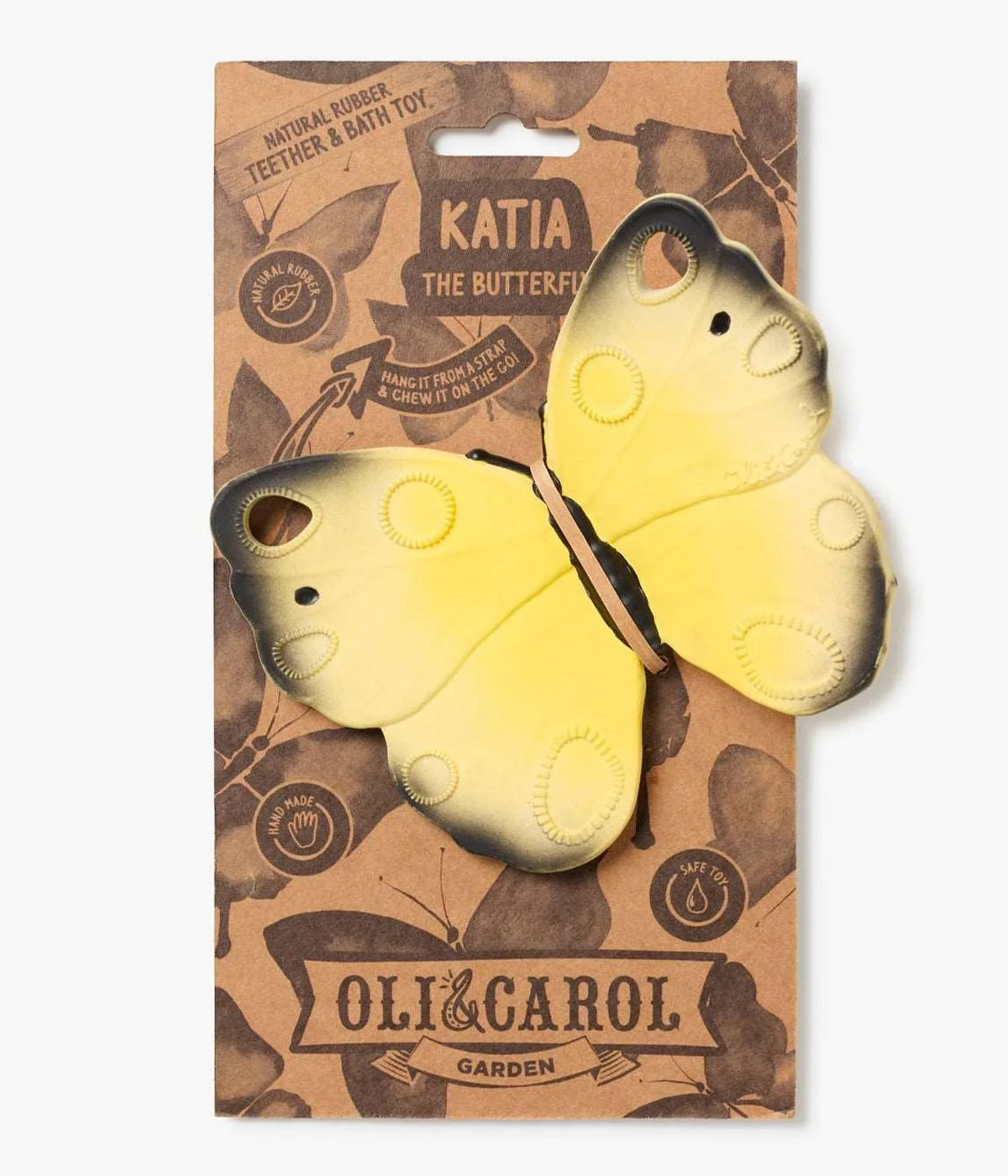Embalagem de cartão do mordedor em borracha natural para bebé Katia the Butterfly da Oli&Carol.