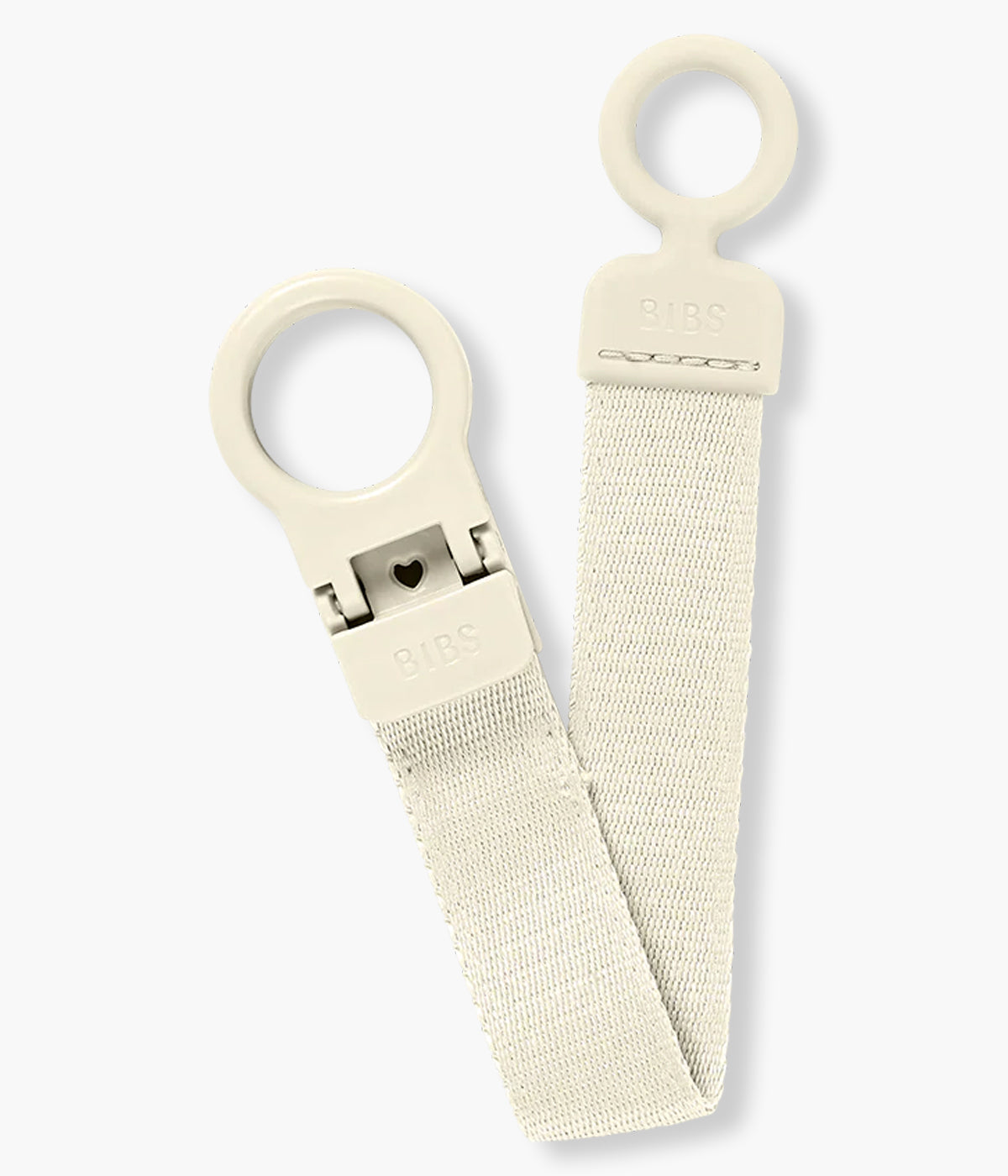 Prende chupetas para bebé Bibs Loop em marfim (ivory). Essencial que facilita o dia a dia: mantém a chupeta sempre à mão e longe do chão, com fecho de utilização rápida, manuseável com uma só mão. Anel em silicone, compatível com todas as chupetas Bibs.