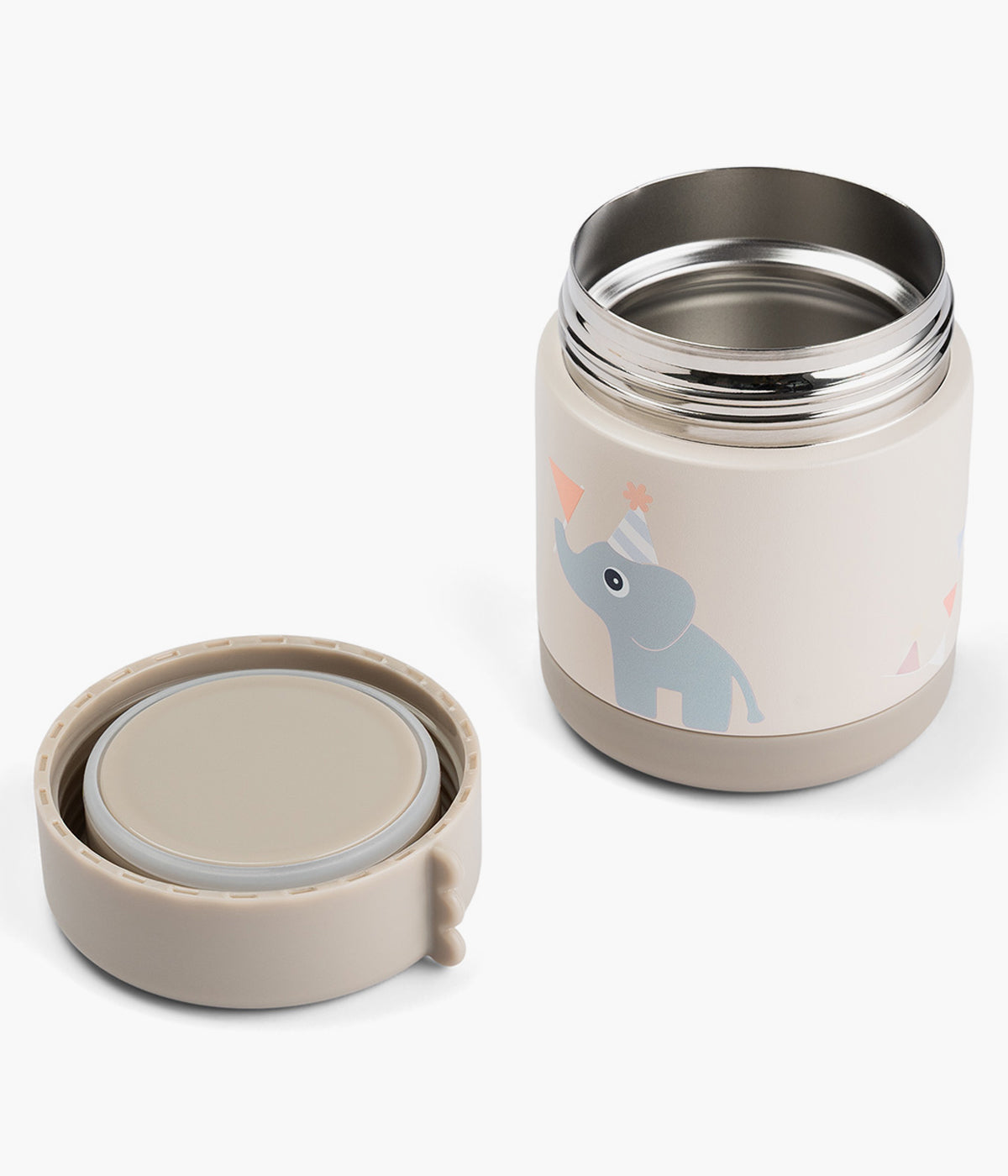 Termo para sólidos Celebration da Done by Deer com capacidade de 300ml para bebé. De cor bege, decorada com a Birdee, Elphee e Lalee, esta termo é ideal para manter os alimentos na temperatura ideal por até 6h.