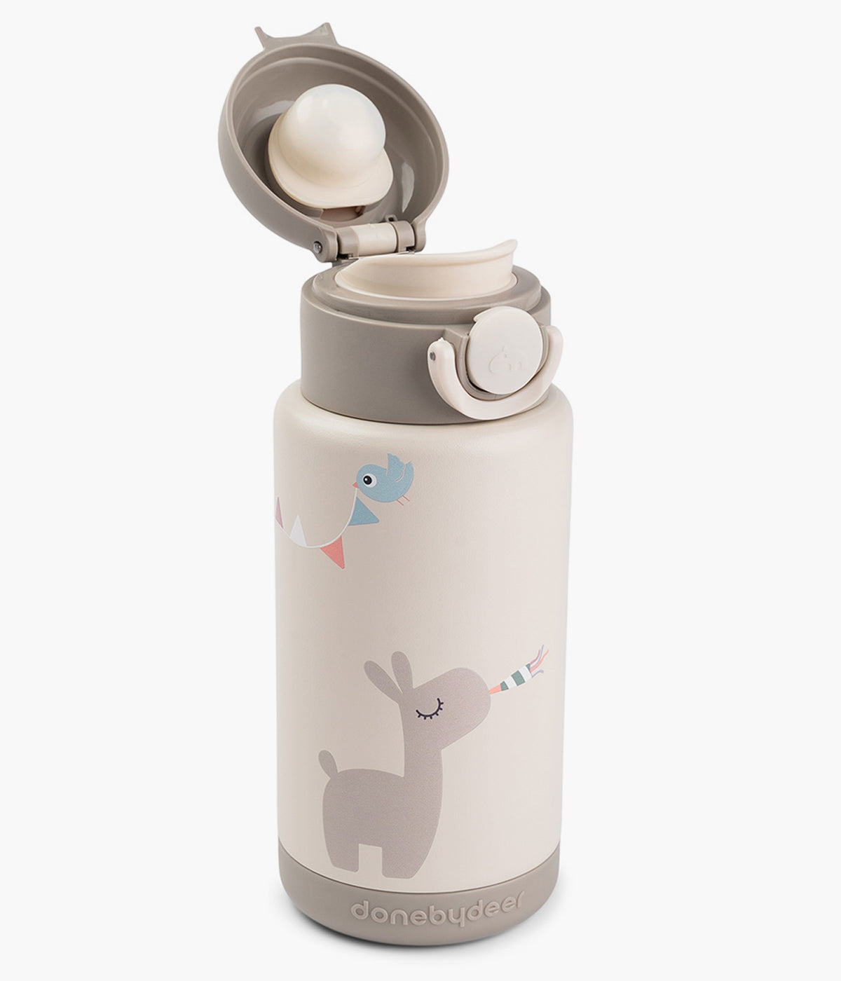 Garrafa térmica bege Celebration da Done by Deer com capacidade para 340ml com botão de abertura fácil, vedação antifugas e pega prática. Mantém bebidas quentes ou frias até 6h.