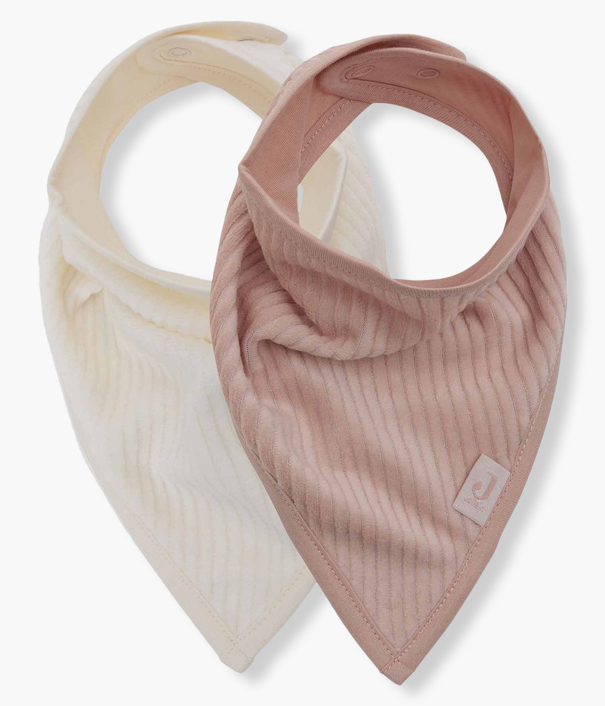 Conjunto de duas babetes em veludo canelado da Jollein para bebé menina e recém-nascida. Suaves babetes, uma pérola e outra rosa, perfeitas para manter a bebé limpa enquanto aprende a beber e comer sozinha.