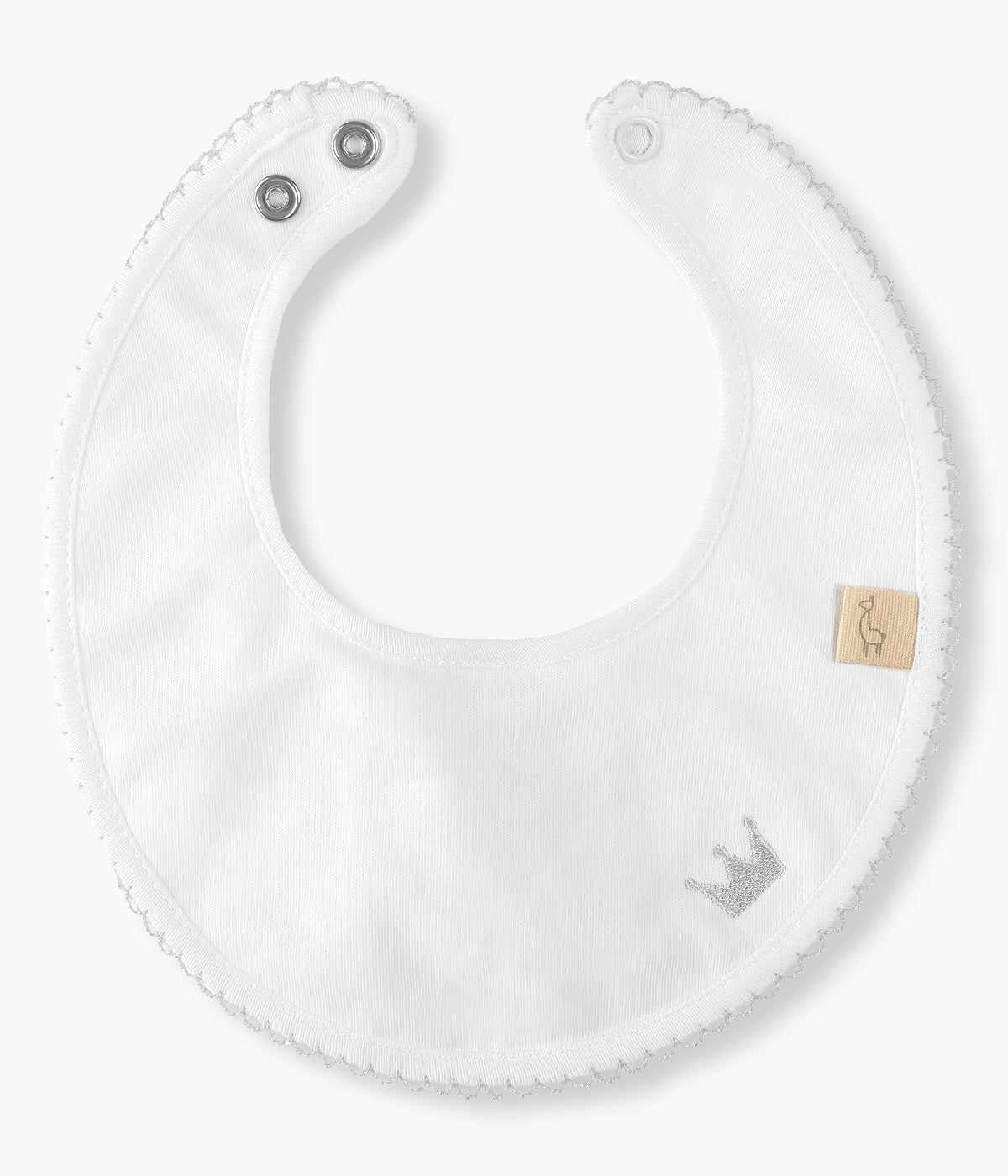 Babete impermeável branca da Baby Gi para bebé e recém-nascido(a), 100% algodão. Contorno a toda a volta com picueta cinza e pequena coroa bordada na frente.