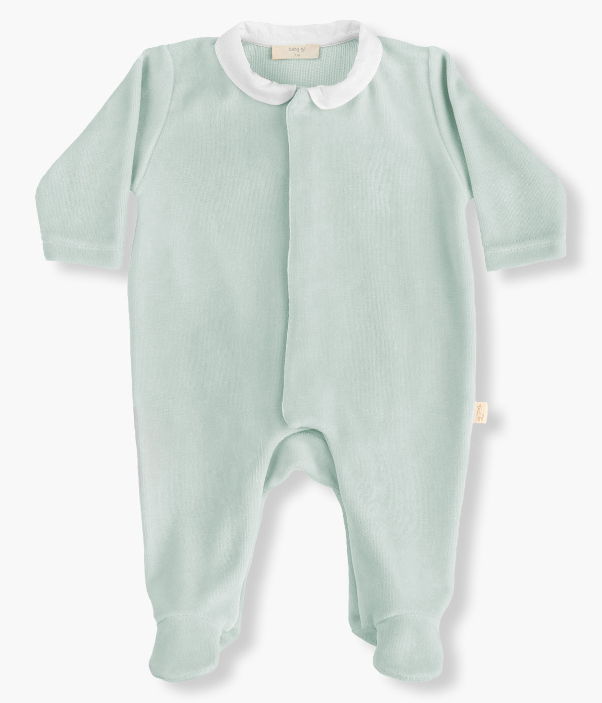 Babygrow em veludo verde-menta da Baby Gi para bebé e recém-nascido(a). Gola redonda cortada e detalhe de asas de anjo nas costas em branco. Abertura com molas de pressão na frente e entrepernas.