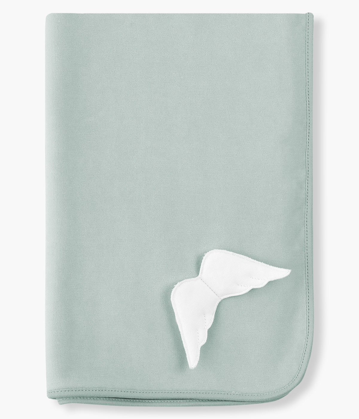 Manta em veludo verde-água para bebé e recém-nascido(a) da Baby Gi. Detalhe no canto com asas de anjo em branco.