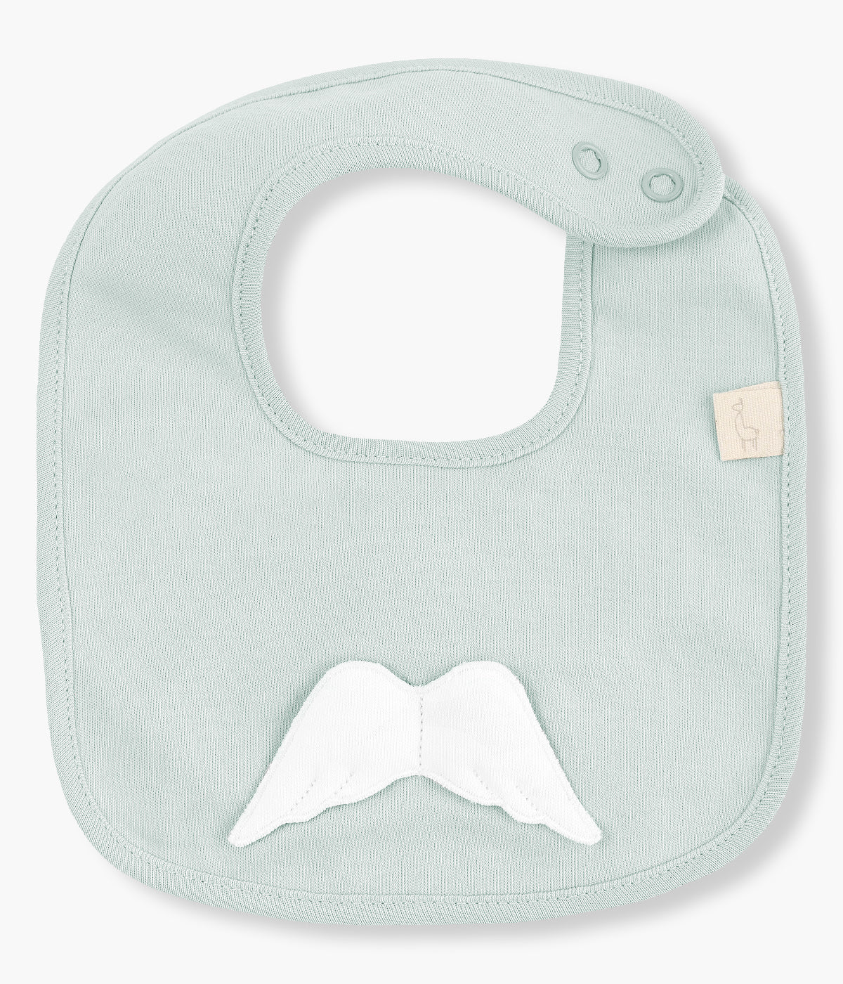 Babete impermeável verde-menta da Baby Gi para bebé e recém-nascido(a), 100% algodão. Detalhe asas de anjo em branco na frente.