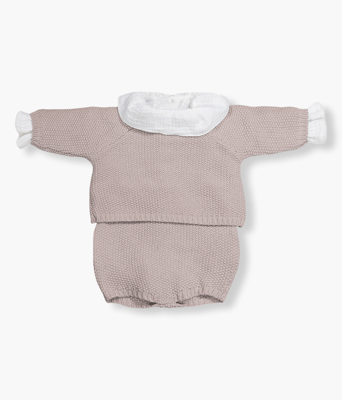 Conjunto de 3 peças em algodão da Pasito a Pasito composto por body em tecido musselina com gola folho, camisola e tapa fraldas em malha tricot para bebé menina e recém-nascida.