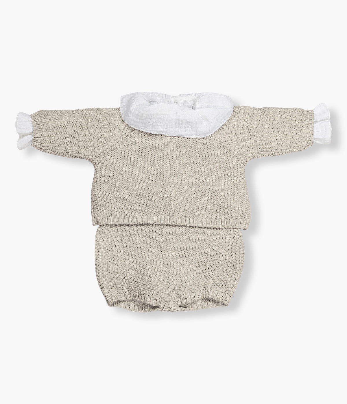 Conjunto de 3 peças em algodão da Pasito a Pasito composto por body em tecido musselina branco com gola folho, camisola e tapa fraldas em malha tricot bege para bebé e recém-nascido(a).