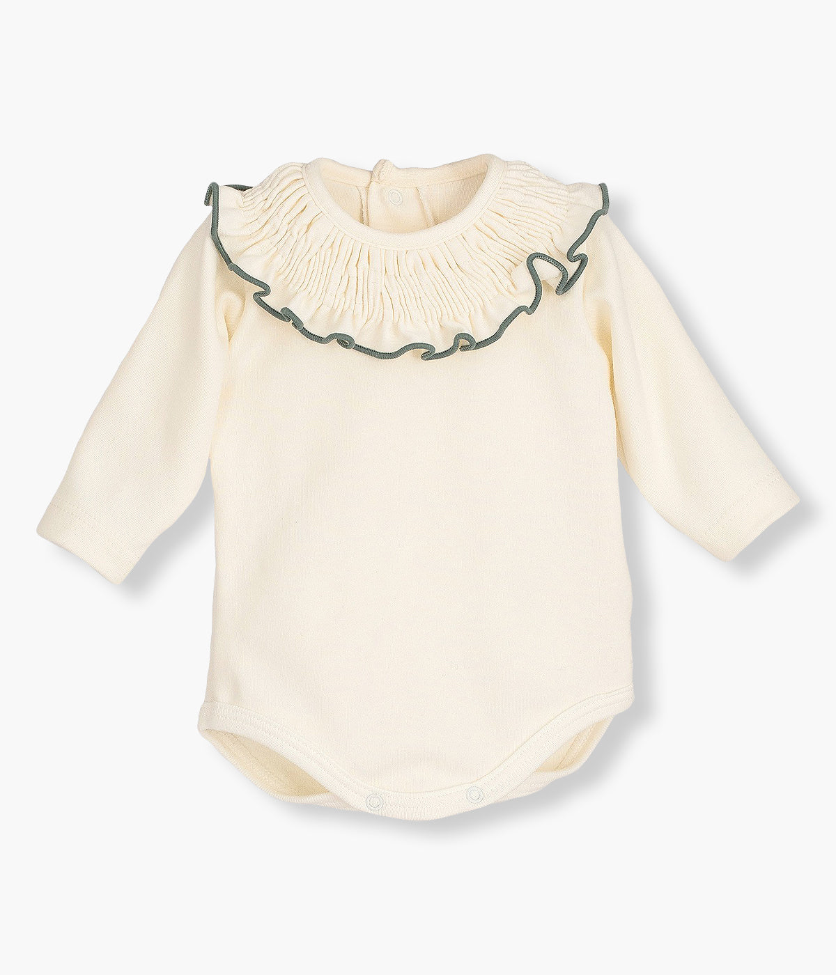 Body de manga comprida em algodão pérola da Calamaro Baby para bebé e recém-nascido(a). Gola folho com rebordo em verde. Abertura com molas de pressão nas costas e entrepernas para vestir facilmente.