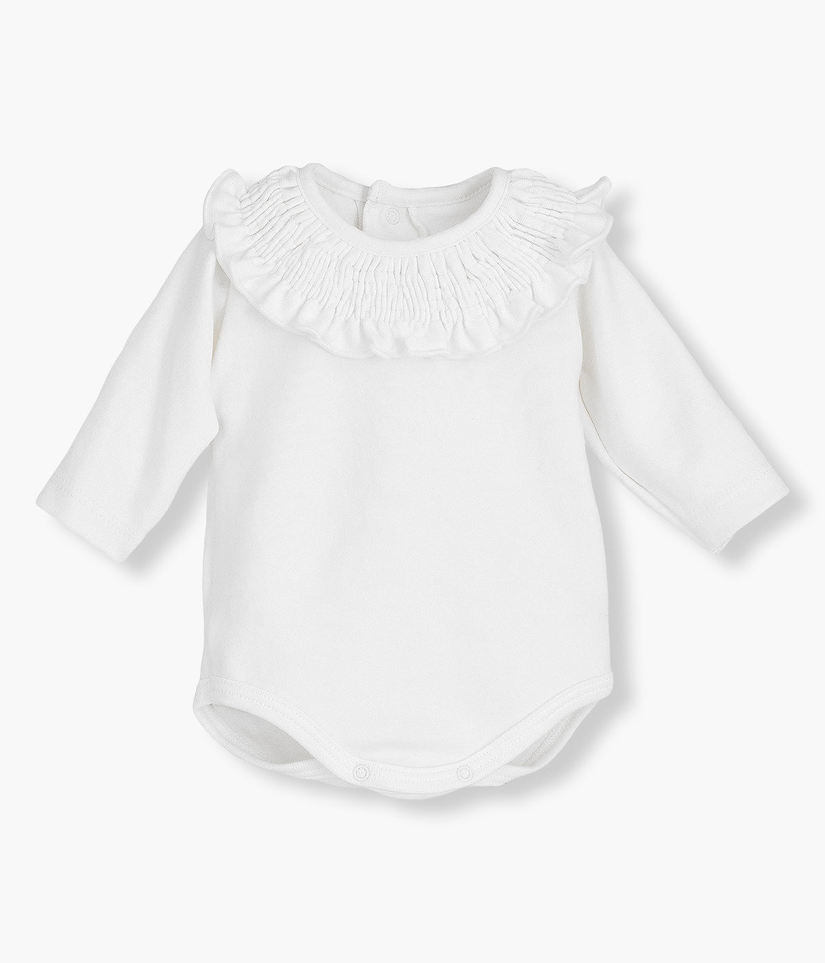 Body de manga comprida em algodão branco com gola folho da Calamaro Baby para bebé e recém-nascido(a). Abertura com molas de pressão nas costas e entrepernas para vestir facilmente.