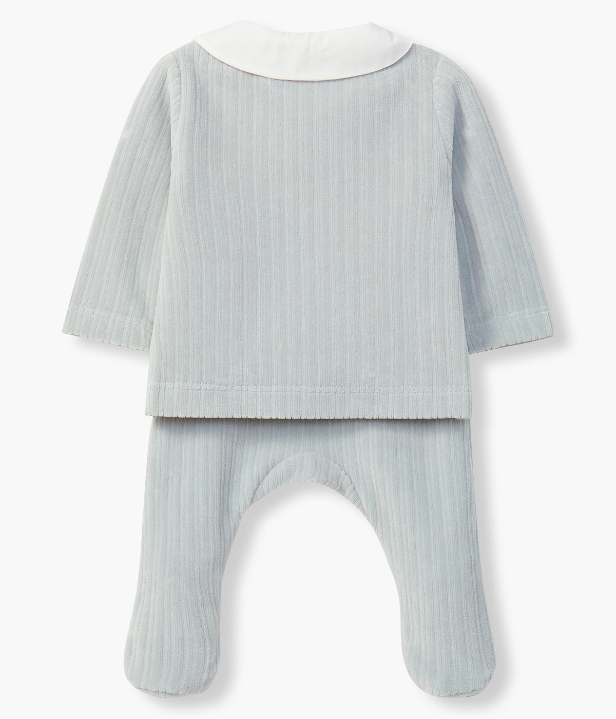 Conjunto de duas peças em veludo canelado azul-acinzentado da Laranjinha para bebé menino e recém-nascido. Camisola de abertura na lateral com gola branca com bordado de urso. Calças com pés.