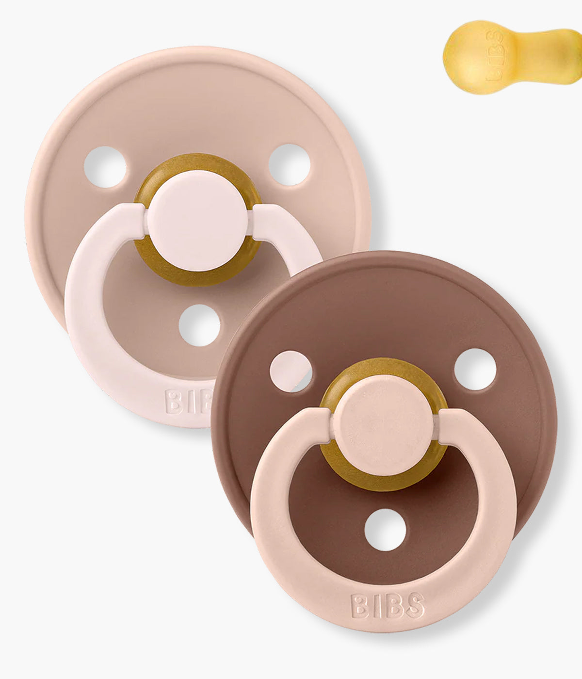 Pack de 2 chupetas Studio Colour Fusion Blush Woodchuck Mix com tetina redonda em borracha 100% natural. Conjunto composto por 1 chupeta cor-de-rosa (blush) e 1 chupeta castanha (woodchuck).