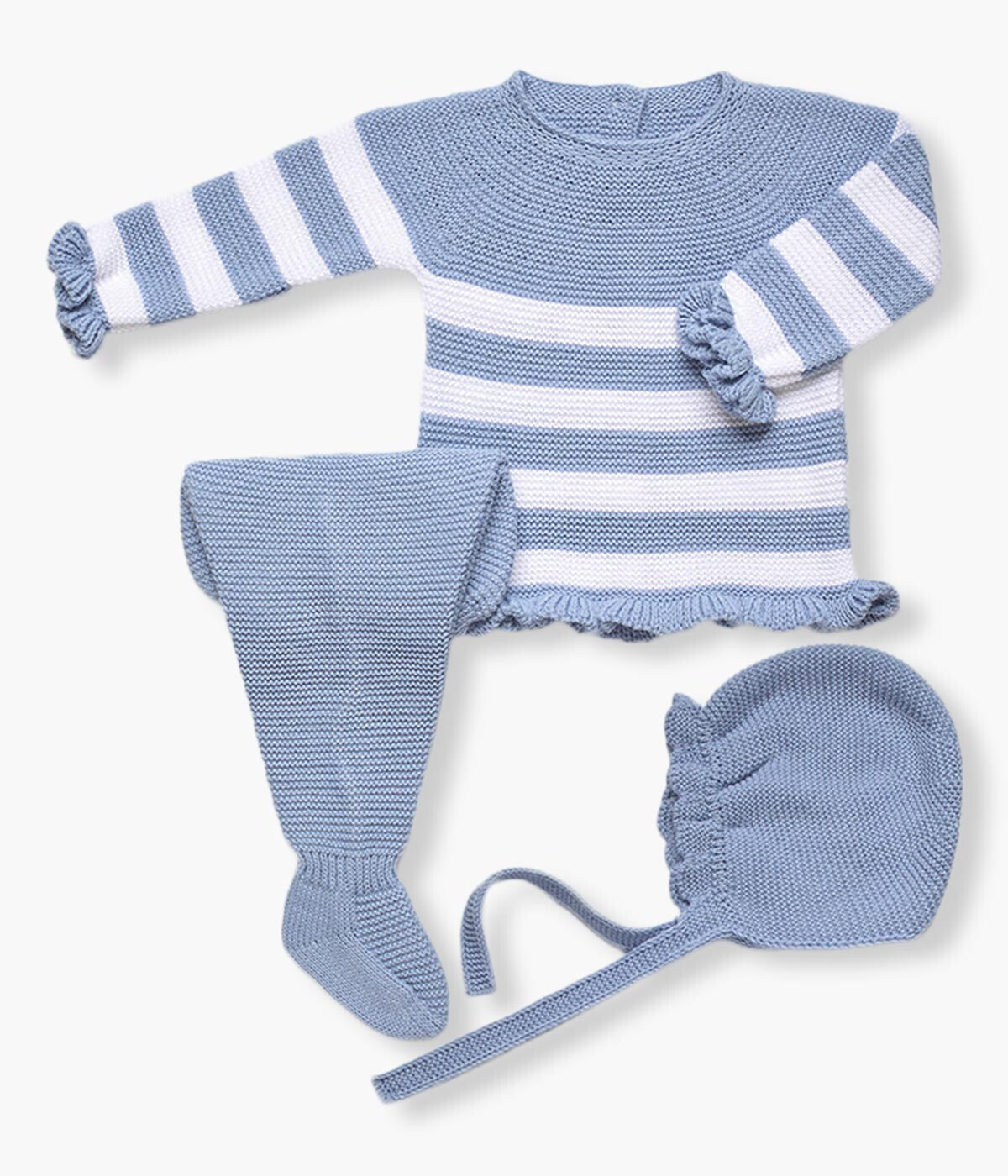 Conjunto de Malha para Bebé Riscas 3pc - Azul e Branco