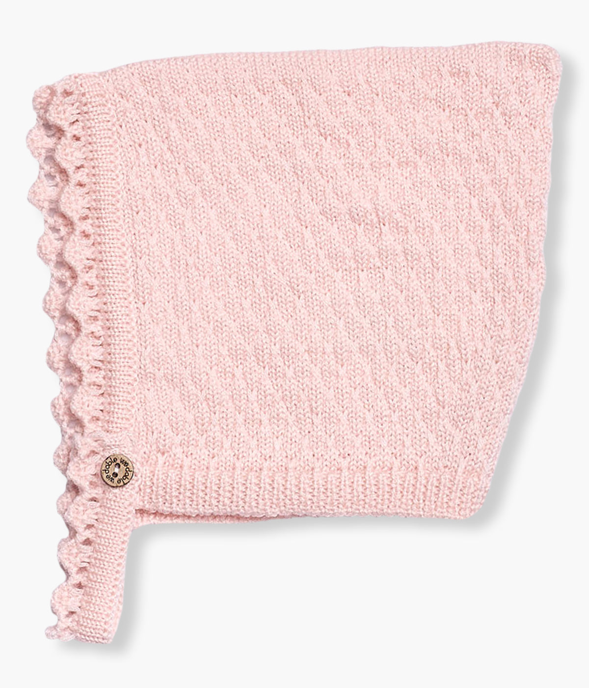 Touca tricotada em lã merino cor-de-rosa da Wedoble para bebé menina e recém-nascida. Delicada touca sem costuras no interior com detalhes na malha e contorno ondulado.