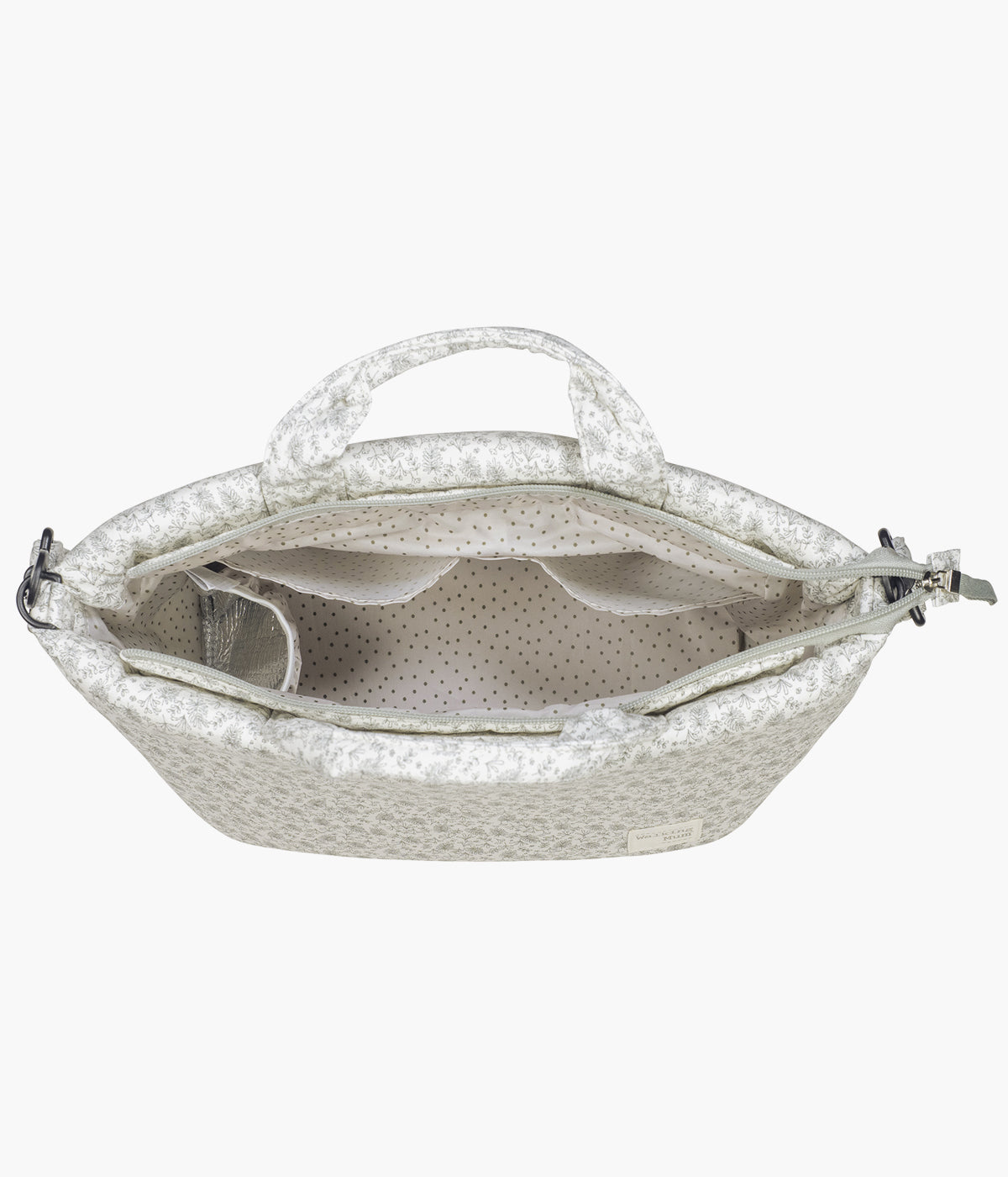 Bolsa de passeio Gala Mint da Walking Mum aberta com comparitmentos visiveis.