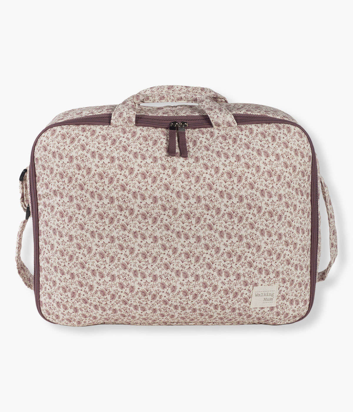 Mala de maternidade Walking Mum Gala Cerise com exterior em algodão impermeável com padrão ramos em tons de cereja em fundo pérola retangular ideal para levar para a maternidade. Oferece grande capacidade, resistência e uma arrumação simples.