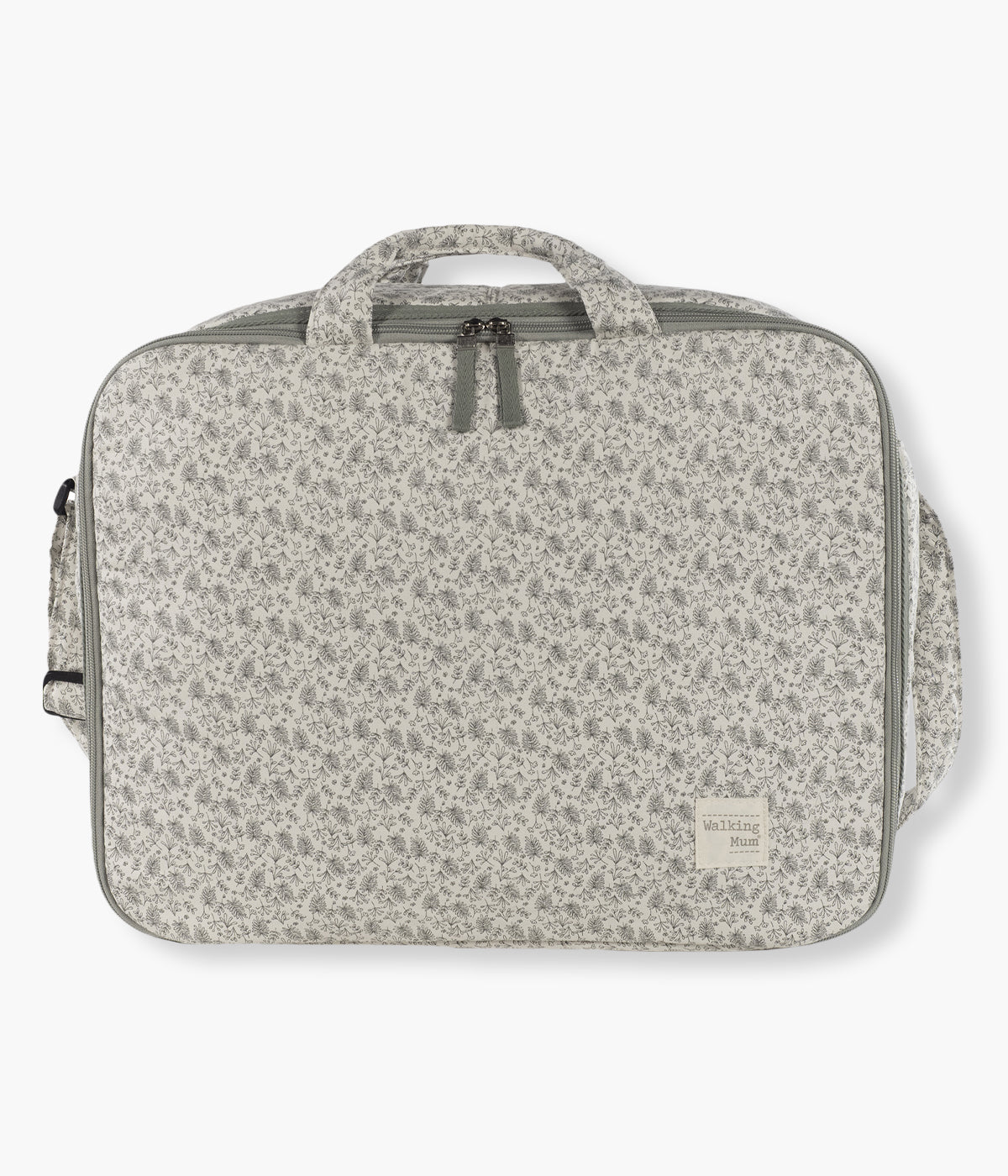 Mala de maternidade Walking Mum Gala Mint com exterior em algodão impermeável com padrão ramos em tons de verde menta em fundo pérola retangular ideal para levar para a maternidade. Oferece grande capacidade, resistência e uma arrumação simples.