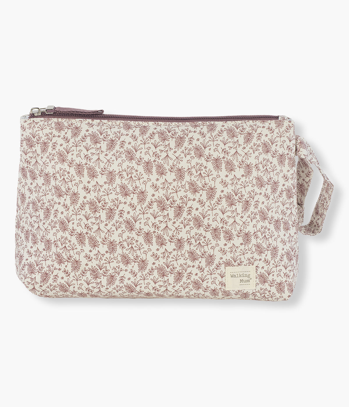 Necessaire Gala Cerise da Walking Mum, pequena bolsa com exterior em algodão impermeável pensada para facilitar o transporte dos artigos de higiene da bebé. Com um encantador padrão ramos em tons de cereja em fundo pérola, é perfeito para os pais que procuram um acessório prático e sofisticado.