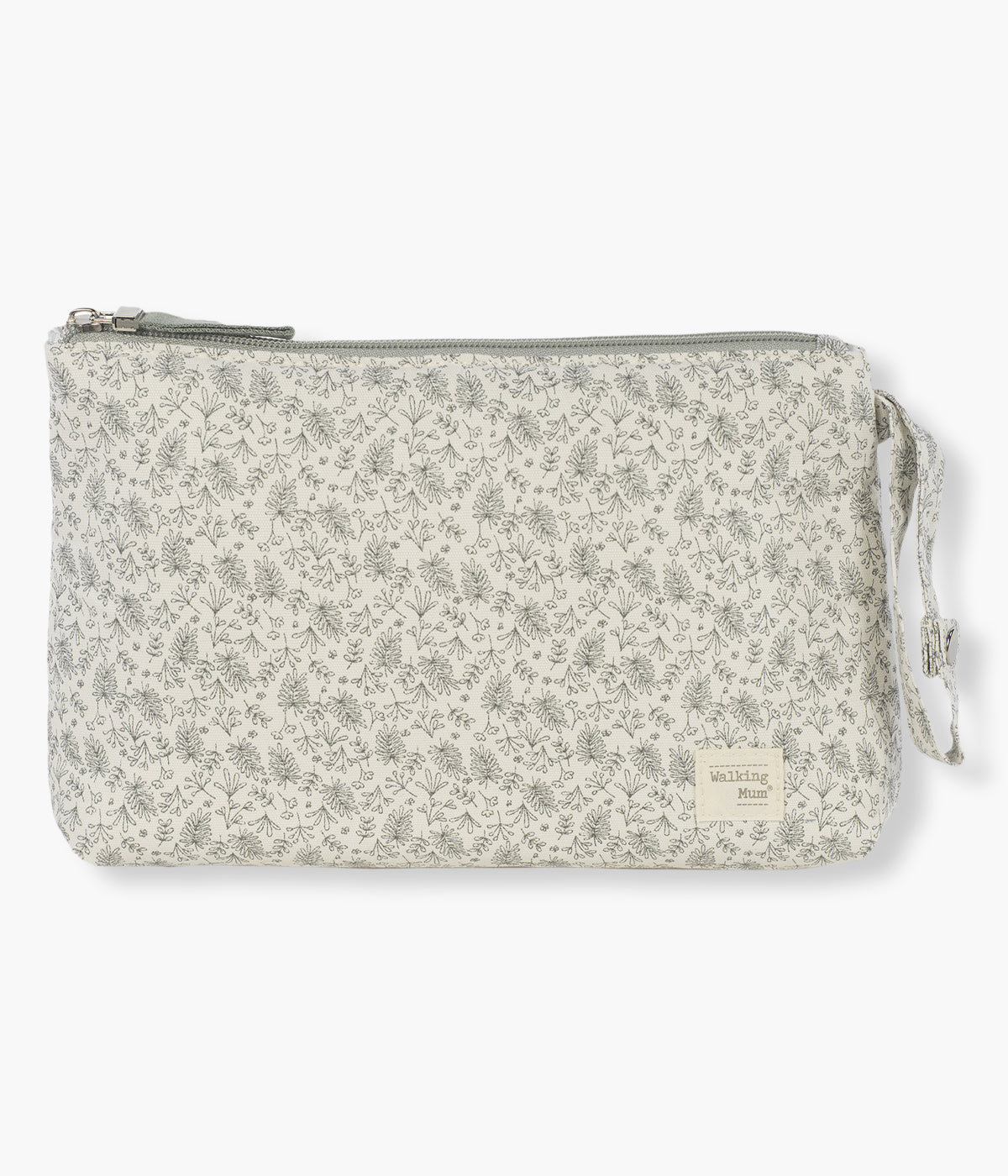 Necessaire Gala Mint da Walking Mum, pequena bolsa com exterior em algodão impermeável pensada para facilitar o transporte dos artigos de higiene do bebé. Com um encantador padrão ramos verde-menta em fundo pérola, é perfeito para os pais que procuram um acessório prático e sofisticado.