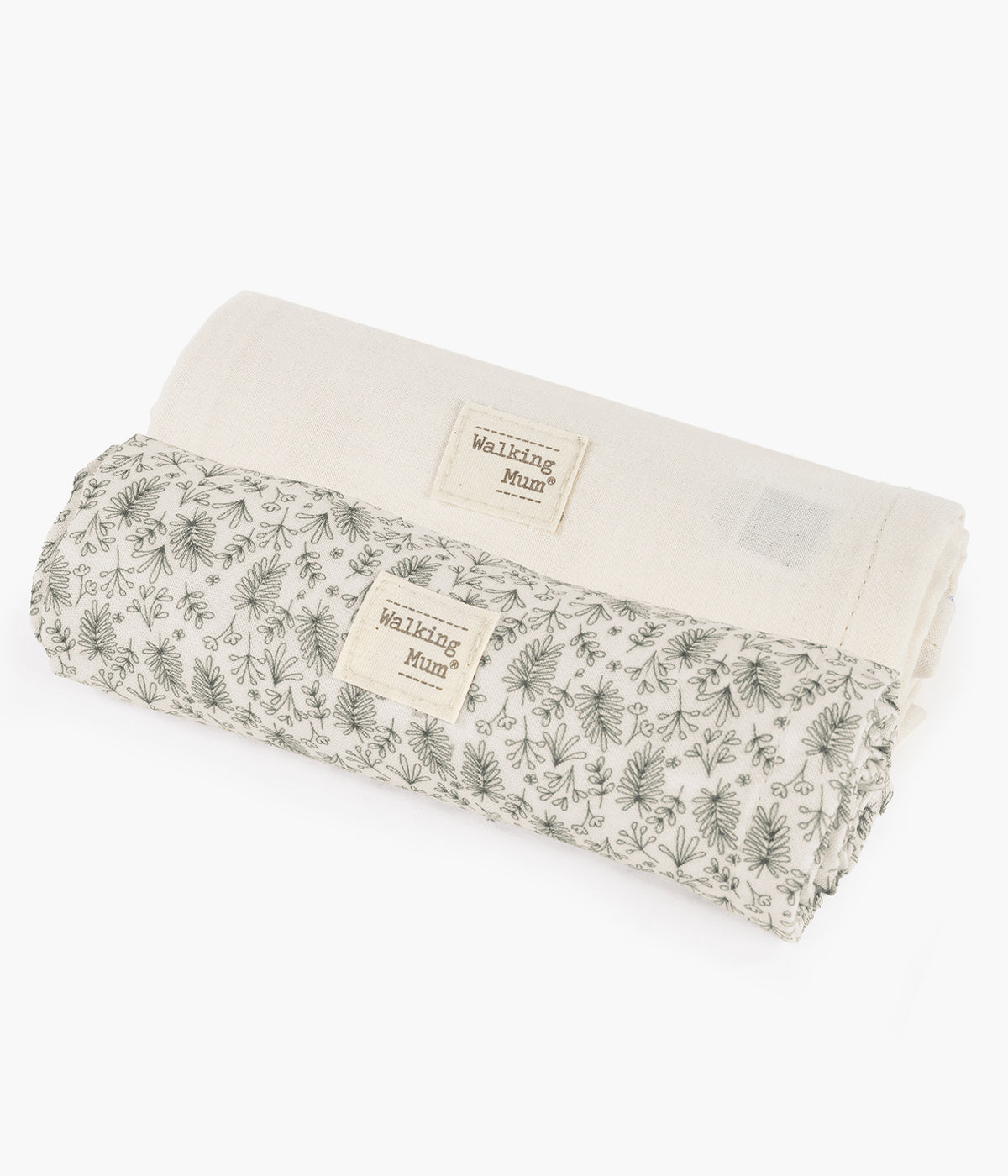 Pack de 2 fraldas musselina em bambu Walking Mum Gala Mint para bebé e recém-nascido(a). Suaves e respiráveis fraldas com padrão ramos verdes em fundo pérola, perfeitas para vários momentos tais como alimentação ou apoio na muda da fralda.