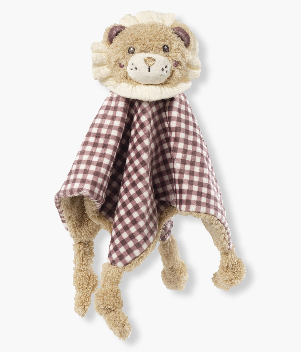 Doudou Walking Mum Gala Cerise em forma de leão para bebé menina e recém-nascida. Perfeita combinação de veludo com padrão vichy em tons de cereja e peluche extra macio, proporcionando uma textura delicada ao toque, ideal para acalmar, reconfortar e estimular o sentido do tato desde o nascimento.