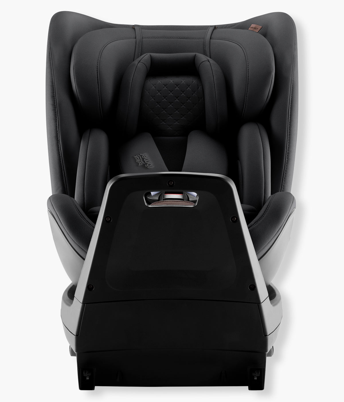 Vista frontal da cadeira auto evolutiva Swivel-Grow Max Air Lux da Britax Römer na cor Onyx Back. Premium cadeira auto desenvolvida para acompanhar a criança desde o nascimento até aproximadamente aos 7 anos, dos 40 aos 125 cm. 