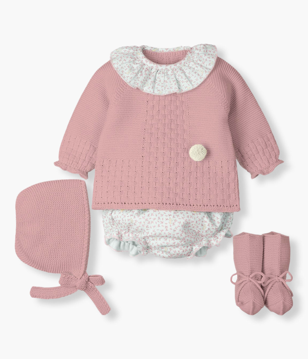 Conjunto de Malha Gola Folho para Bebé Menina 4pc - Rosa