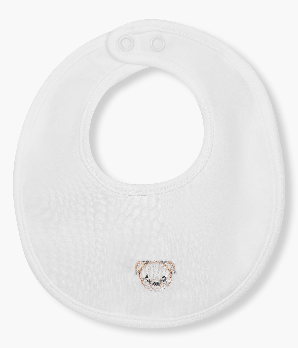 Vista de tras da babete impermeável branco da Baby Gi para bebé e recém-nascido(a), 100% algodão. Elegante babete redonda com urso bordado em castanho na frente.