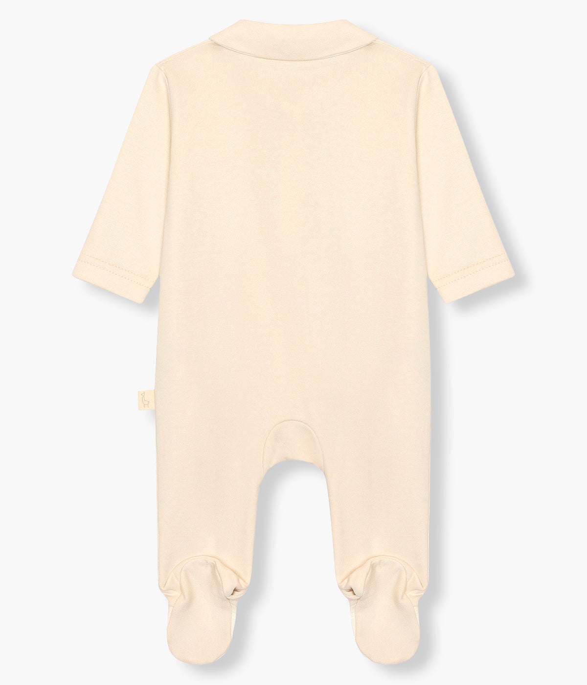 Vista de costas do babygrow em algodão bege da Baby Gi para bebé e recém-nascido. Gola redonda cortada e bolso no peito com urso bordado em castanho. Abertura com molas de pressão na frente e entrepernas.