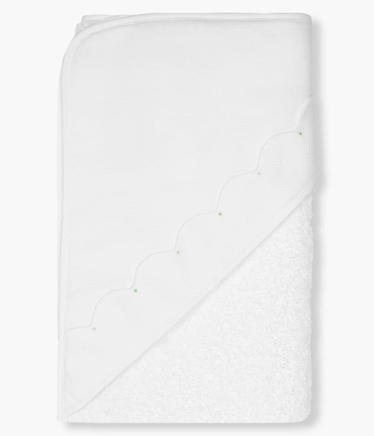 Toalha de banho da Baby Gi para bebé e recém-nascido(a), 100% algodão. Suave e absorvente toalha em turco branco com carapuço no canto com pintas bordadas de cor verde-menta.