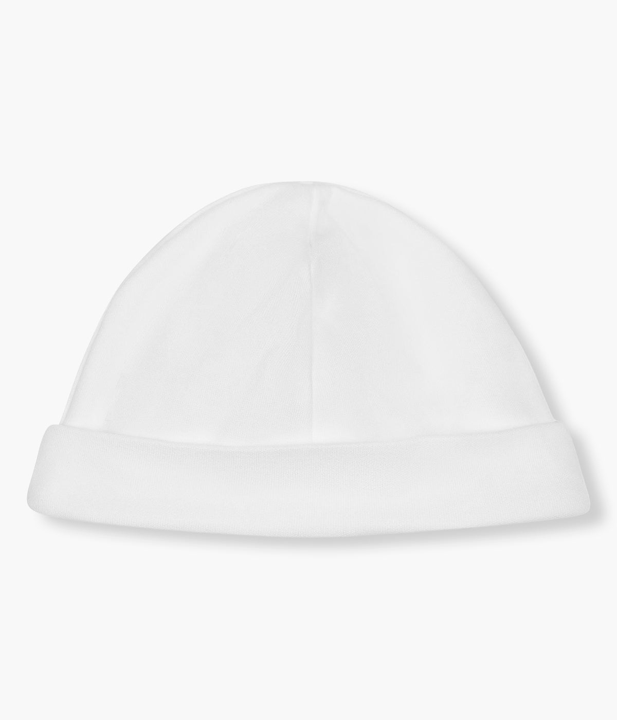 Visto de trás gorro duplo branco da Baby Gi para bebé menina e recém-nascida, 100% algodão. Suave gorro com pequena borboleta com contornos em rosa, dobra a toda a volta e interior sem costuras.