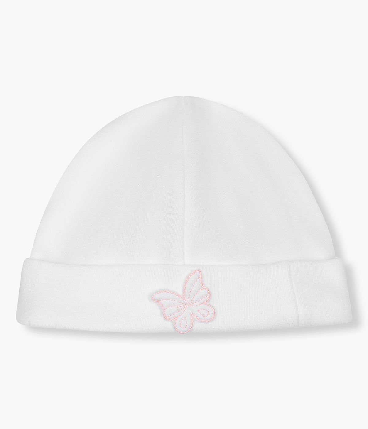 Visto de frente gorro duplo branco da Baby Gi para bebé menina e recém-nascida, 100% algodão. Suave gorro com pequena borboleta com contornos em rosa, dobra a toda a volta e interior sem costuras.